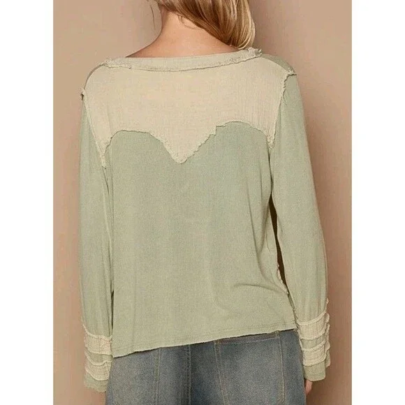Nwot POL Ribbed Long Sleeve Henley Shirt Top Green Distressee Oversized Small - Picture 2 of 11